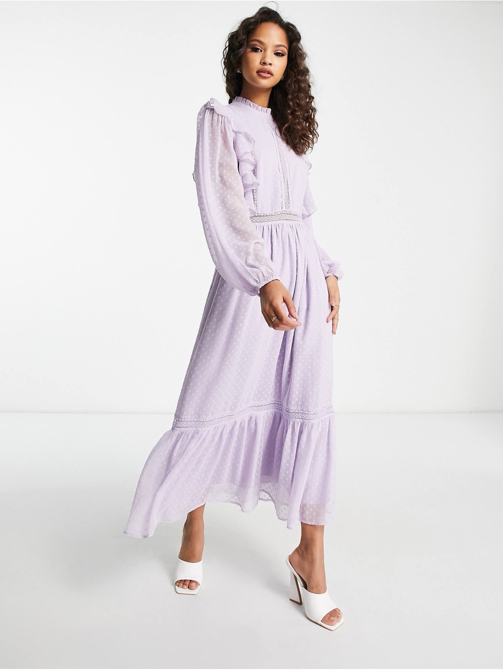 Fairycore Lavender Swiss Dot Ruffle Maxi Dress Cottagecore Romantic Size 2